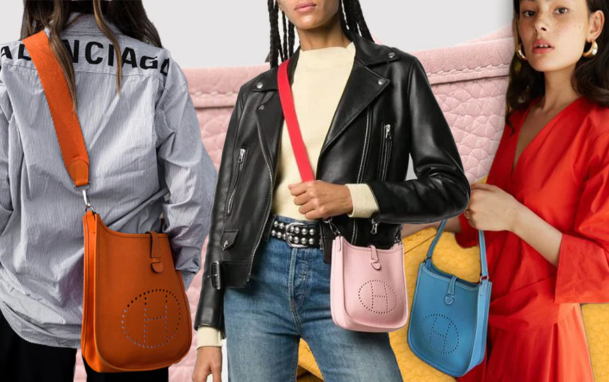 A vibrant display of the "H" logo bags in various colors, effortlessly styled with trendy outfits.