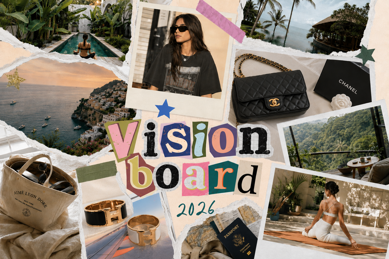 Vision Board 2026 collage featuring luxury fashion, travel destinations, a Chanel flap bag, Hermès cuffs, Bali yoga retreat, and manifestation lifestyle inspiration.