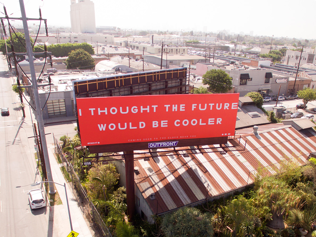 A thought-provoking urban scene featuring a billboard that reads “I thought the future would be cooler,” reflecting on modern life and changing expectations.