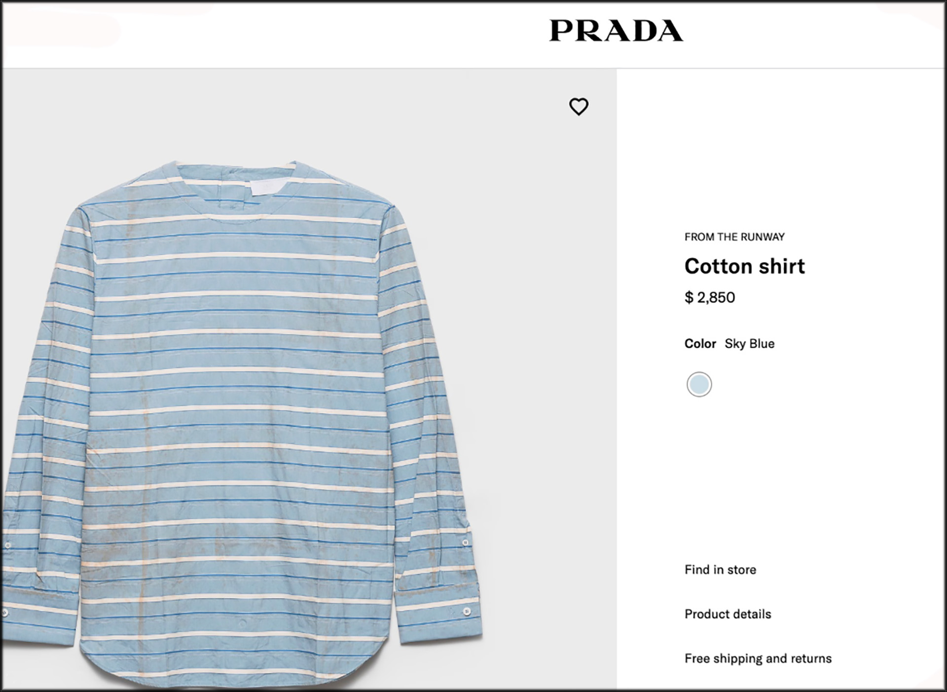Prada sky-blue striped cotton shirt with a deliberately worn and soiled appearance, priced at $2,850.
